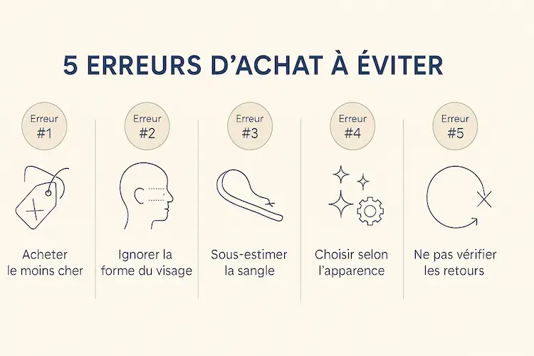 Infographie montrant les 5 erreurs d'achat à éviter : acheter le moins cher, ignorer la morphologie, sous-estimer la sangle, choisir selon l'apparence, oublier la politique de retour