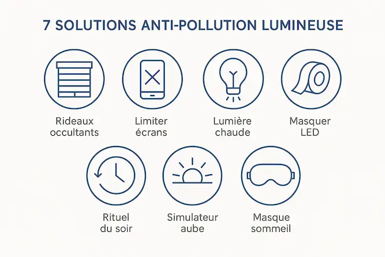 Infographie présentant 7 solutions contre la pollution lumineuse : rideaux occultants, limiter les écrans, lumière chaude, masquer les LED, rituel du soir, simulateur d'aube et masque de sommeil