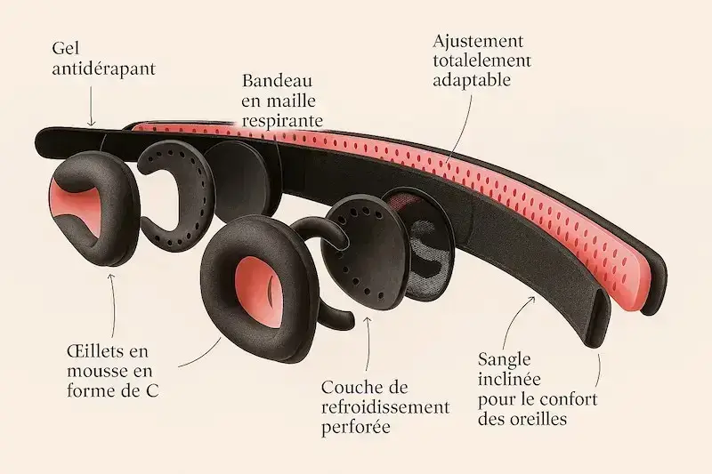 Schéma éclaté du Manta Sleep Mask Pro montrant les œillets en mousse forme C, couche de refroidissement perforée, bandeau maille respirante et gel antidérapant