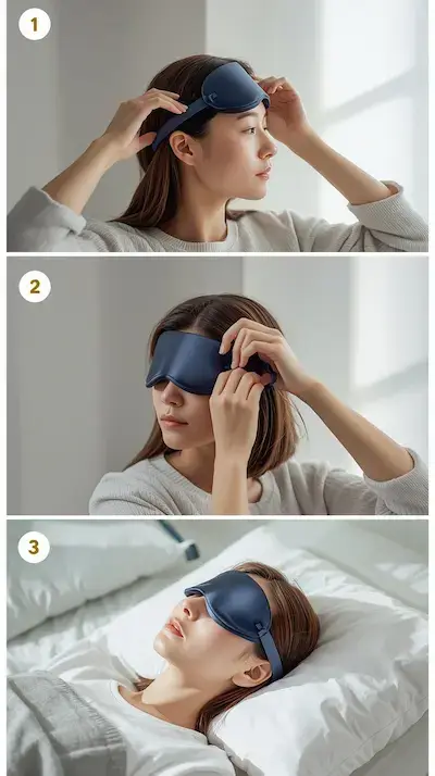Femme ajustant un masque de sommeil bleu nuit en trois étapes : placement, ajustement et position finale allongée sur l’oreiller.