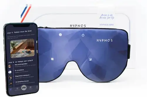 Masque connecté Hypnos bleu avec application mobile visible sur smartphone.