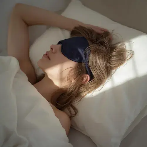 Femme dormant paisiblement sur le côté, portant un masque de sommeil en soie bleu nuit dans une chambre lumineuse aux draps blancs.