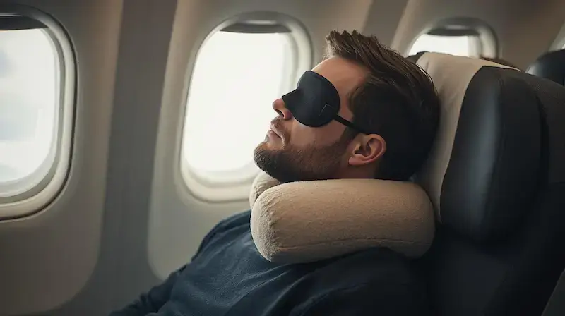 Homme endormi dans un avion, portant un masque de sommeil noir et un coussin de nuque beige, assis près du hublot.