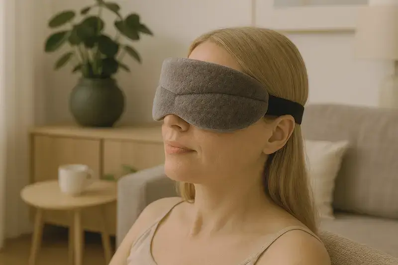 Femme portant le masque de sommeil Tempur dans un intérieur minimaliste, démonstration du port en situation