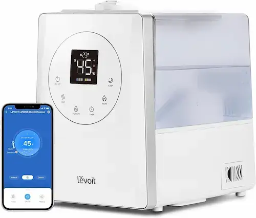 Humidificateur d'air Levoit LV600S WiFi 6L blanc avec écran digital, contrôle application VeSync sur smartphone et réservoir transparent pour chambre