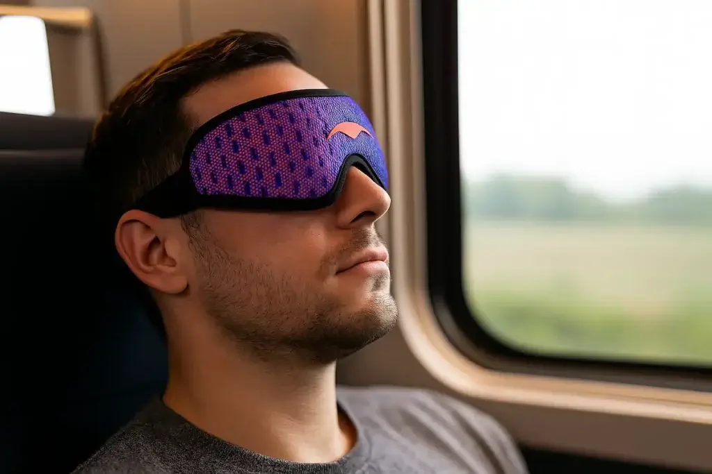 Homme dormant dans un train avec le masque Manta Sleep Mask Pro, montrant le confort et le blocage total de la lumière pendant les trajets.