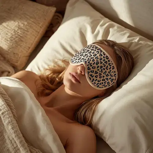 femme endormie portant un masque de sommeil en soie motif léopard Emily’s Pillow sur literie beige, ambiance douce et naturelle