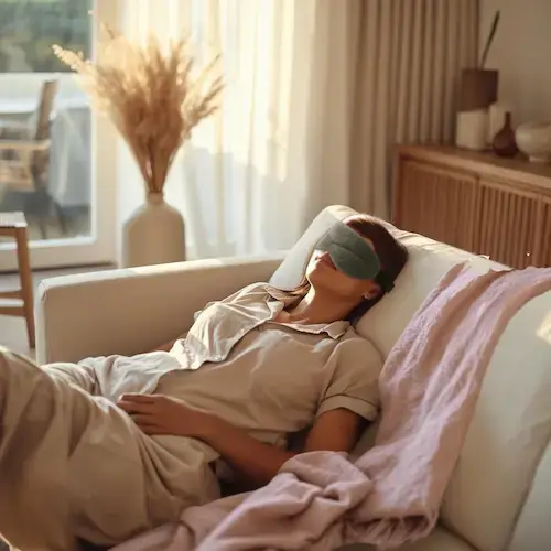 Femme allongée sur un canapé, portant le masque de sommeil Tempur dans un intérieur lumineux et apaisant, illustrant un test d’utilisation en conditions réelles