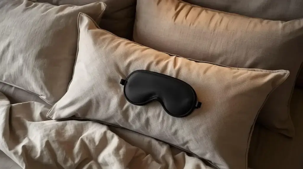 Masque de nuit noir posé sur un lit en linge de maison beige – visuel premium illustrant la question masque de nuit gadget ou utile.