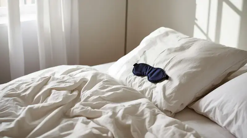 Masque de sommeil bleu nuit posé sur un oreiller dans un lit aux draps blancs, éclairé par une douce lumière matinale.
