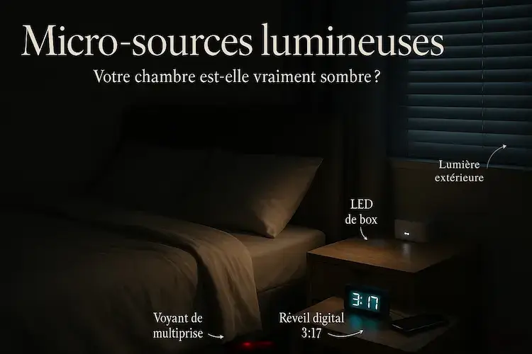 Micro-sources lumineuses dans une chambre la nuit : réveil digital 3:17, LED de box, voyant de multiprise et lumière extérieure filtrant par les volets