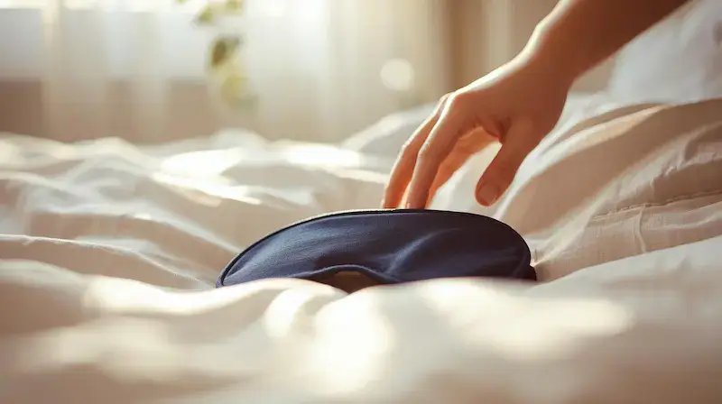 Main qui attrape un masque de sommeil posé sur un lit, dans une lumière douce du matin.