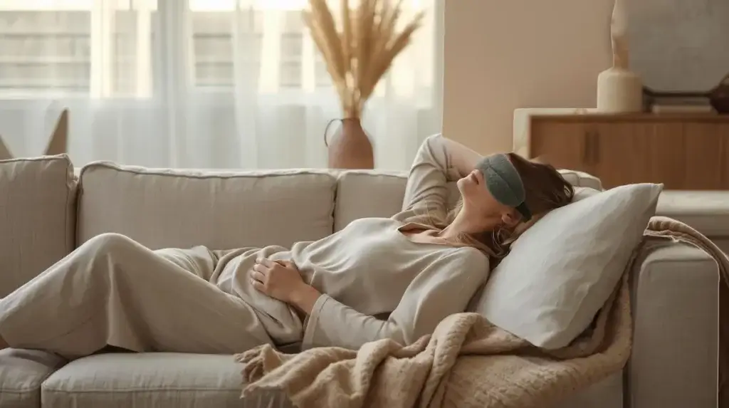 Femme allongée sur un canapé, portant le masque de sommeil Tempur dans un intérieur lumineux et apaisant. Illustration du confort et de l’occultation totale du masque.