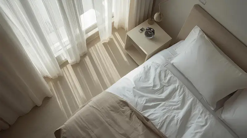 Chambre d'hôtel minimaliste et apaisante avec lit blanc, lumière naturelle tamisée et réveil sur table de nuit, illustrant un environnement propice au sommeil après un vol long-courrier