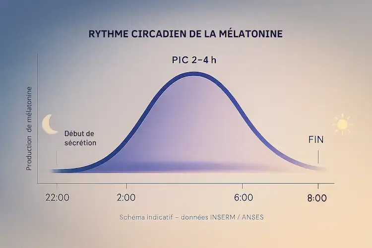 Infographie du rythme circadien de la mélatonine montrant le pic de production nocturne entre 2h et 4h, la montée progressive dès 21h et la baisse au lever du jour