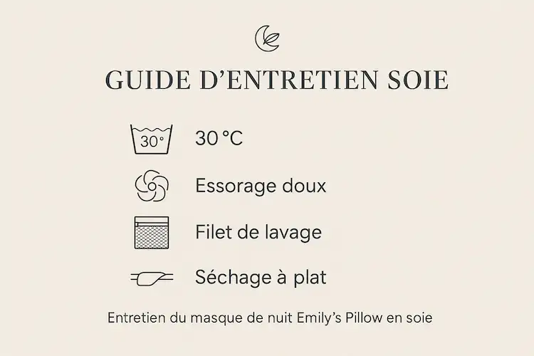 Guide d’entretien du masque de nuit Emily’s Pillow en soie : lavage 30°C, essorage doux, filet de lavage, séchage à plat.