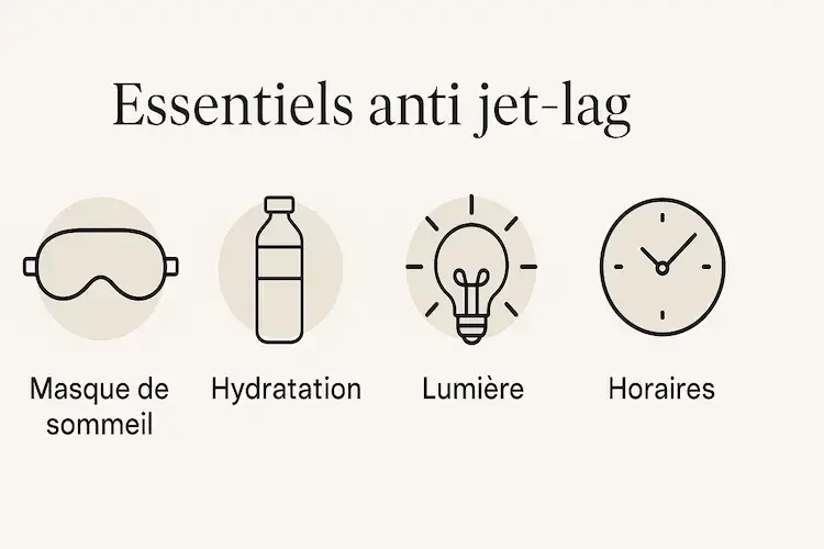 Infographie des 4 essentiels anti jet-lag : masque de sommeil, hydratation, gestion de la lumière et respect des horaires locaux