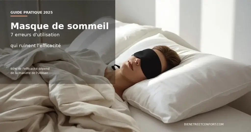 Femme dormant sur un lit aux draps beige clair, portant un masque de sommeil noir dans une chambre lumineuse — illustration d’article sur les erreurs d’utilisation du masque de nuit.