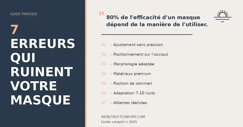 Infographie 7 erreurs utilisation masque de sommeil : ajustement sans pression, positionnement occiput, morphologie adaptée, matériaux premium, position sommeil, adaptation 7-10 nuits, attentes réalistes
