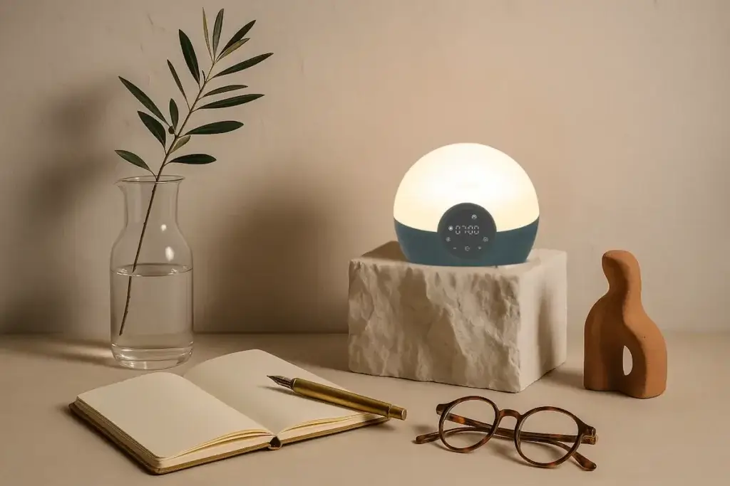 Lumie Bodyclock Glow 150 en nature morte éditoriale avec objets lifestyle sur marbre - composition minimaliste design