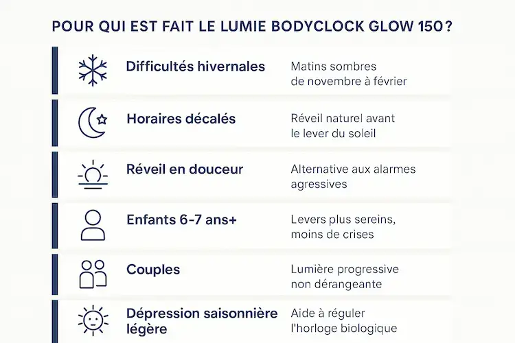 Infographie des 6 profils idéaux pour le Lumie Bodyclock Glow 150 : difficultés hivernales, horaires décalés, réveil douceur, enfants, couples et dépression saisonnière