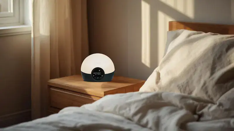 Lumie Bodyclock Glow 150 sur table de chevet en bois dans chambre minimaliste scandinave avec lit et lumière naturelle