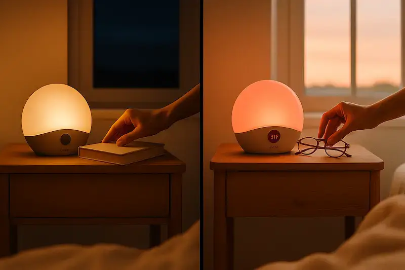 Lumie Bodyclock Glow 150 en mode sunset et sunrise - diptyque montrant la simulation crépuscule et aube sur table de chevet