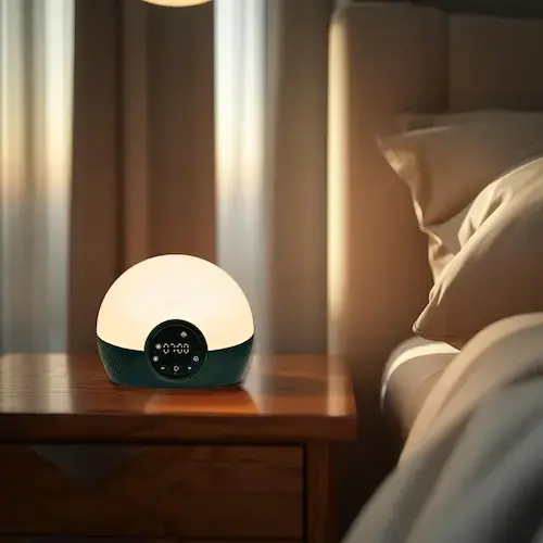 Réveil lumineux Lumie Bodyclock Glow 150 allumé sur une table de chevet, diffusant une lumière chaude pour l’endormissement.