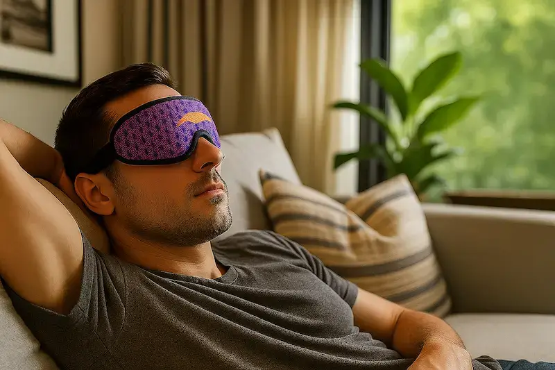Homme portant le Manta Sleep Mask Pro pendant une sieste relaxante sur canapé en journée, lumière naturelle