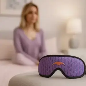 Manta Sleep Mask Pro : vaut-il son prix ? Test & avis détaillé Manta Sleep Mask Pro bleu indigo avec logo corail posé sur lit beige, ambiance chambre wellness minimaliste