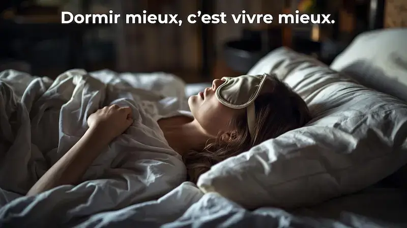 Personne endormie portant un masque de sommeil beige, allongée sur des draps en lin blanc dans une lumière douce du soir — image illustrant un sommeil réparateur.