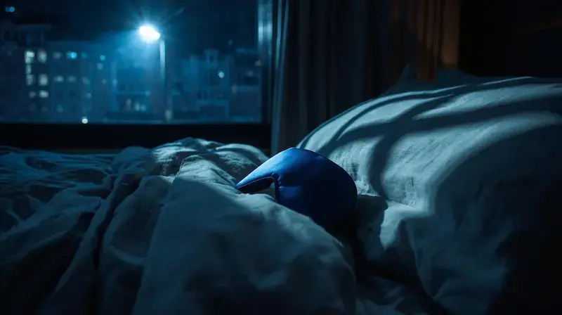 Masque de sommeil indigo posé sur un lit dans une chambre urbaine nocturne éclairée par la pollution lumineuse d'un lampadaire extérieur, illustrant la solution pour se protéger de la lumière artificielle intrusive et améliorer la qualité du sommeil