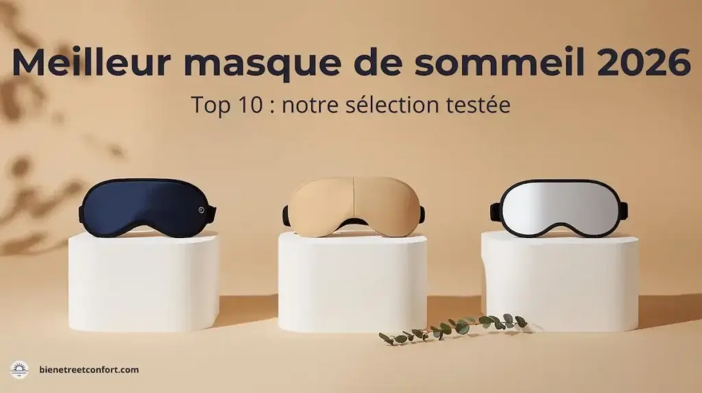 Trois masques de sommeil haut de gamme présentés sur fond beige — visuel du comparatif 2026 Bien-être & Confort.