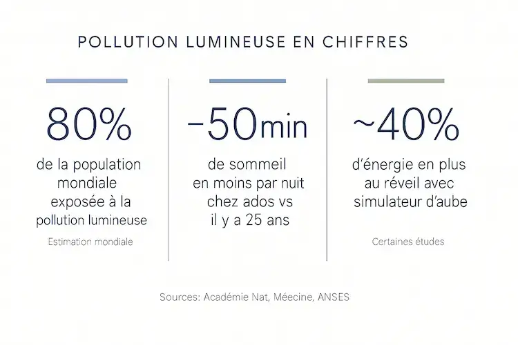 Infographie présentant trois statistiques sur la pollution lumineuse : 80% de la population mondiale exposée, 50 minutes de sommeil en moins par nuit chez les adolescents français en 25 ans, et 40% d'énergie en plus au réveil avec simulateur d'aube, sources Académie Nationale de Médecine et ANSES