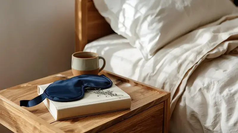 Masque de sommeil bleu nuit posé sur livre avec brin de lavande, tasse de tisane sur table de chevet en bois dans chambre zen