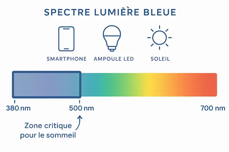 Schéma du spectre visible indiquant la lumière bleue entre 380 et 500 nanomètres, zone critique pour le sommeil émise par les écrans et les ampoules LED.