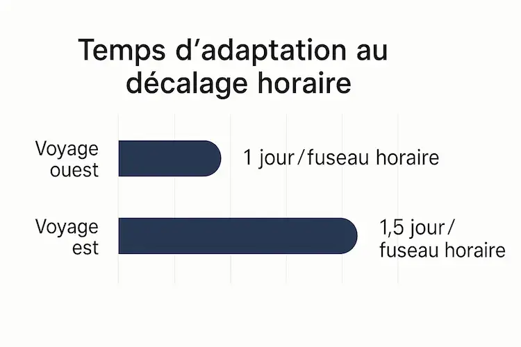 Graphique comparatif du temps d'adaptation au décalage horaire : 1 jour par fuseau horaire pour un voyage vers l'ouest, 1,5 jour par fuseau horaire pour un voyage vers l'est