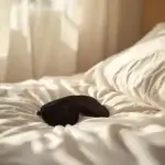 Masque de sommeil : utilisation correcte pour un confort optimal Masque de sommeil noir 3D posé sur draps blancs en lin avec lumière naturelle douce - guide utilisation correcte pour un confort optimal
