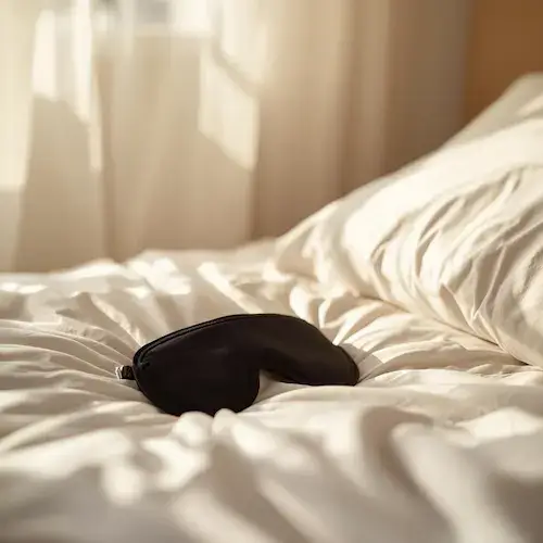 Masque de sommeil noir 3D posé sur draps blancs en lin avec lumière naturelle douce - guide utilisation correcte pour un confort optimal