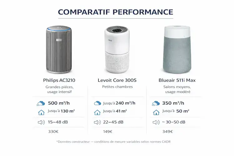 Tableau comparatif Philips AC3210 Levoit Core 300S Blueair 511iMax performances CADR surface silence prix application usage