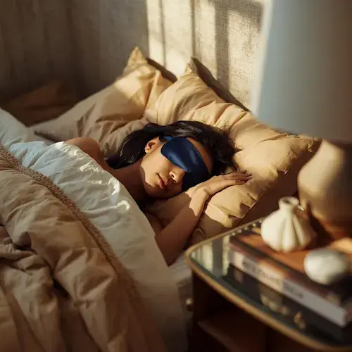 Dormeur latéral portant un masque de sommeil bleu, illustrant les problèmes de glissement, pression latérale et fuite de lumière avec les masques universels.