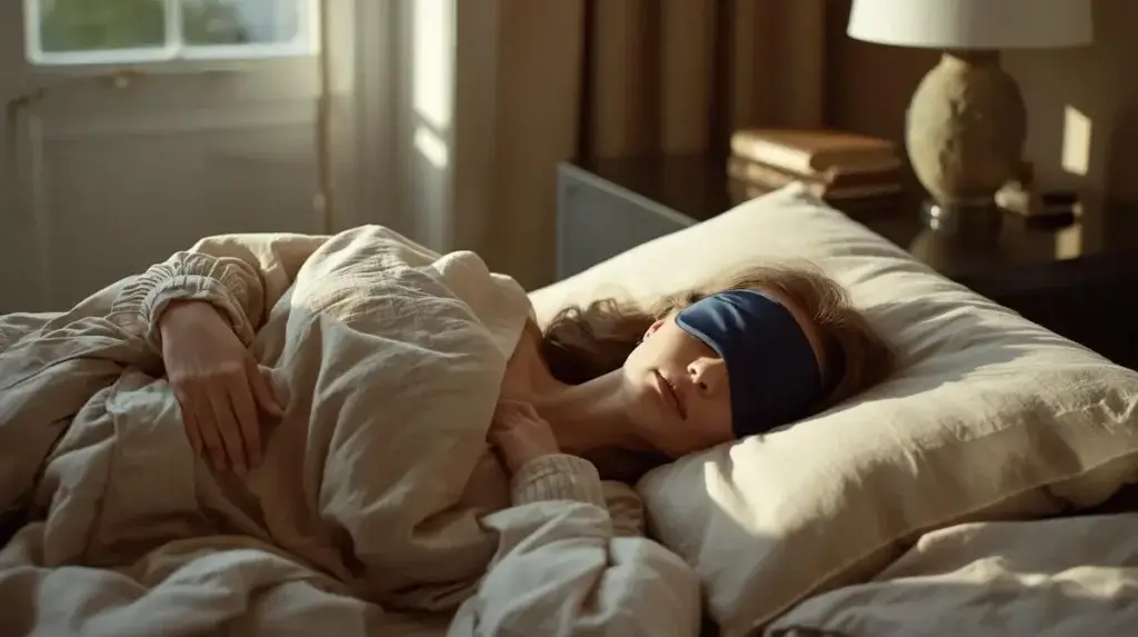 Femme dormant sur le côté avec un masque de sommeil bleu, montrant les difficultés des dormeurs latéraux avec les masques universels.