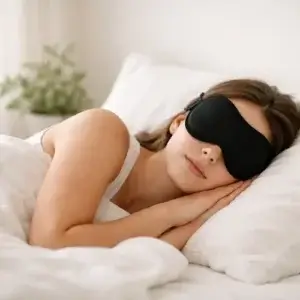 Masque de sommeil 3D : avis honnête et test d'un modèle pas cher Femme dormant sereinement avec un masque de sommeil 3D dans une chambre minimaliste