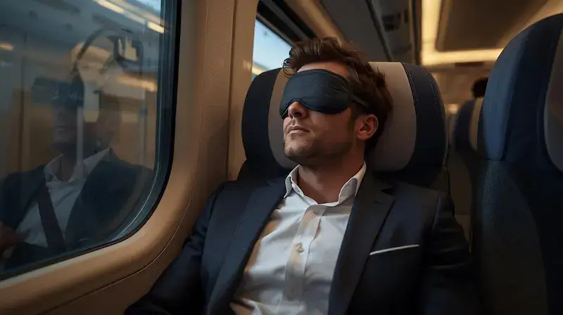 Masque de sommeil porté par un passager dans un train afin de se reposer malgré la lumière ambiante pendant le trajet.