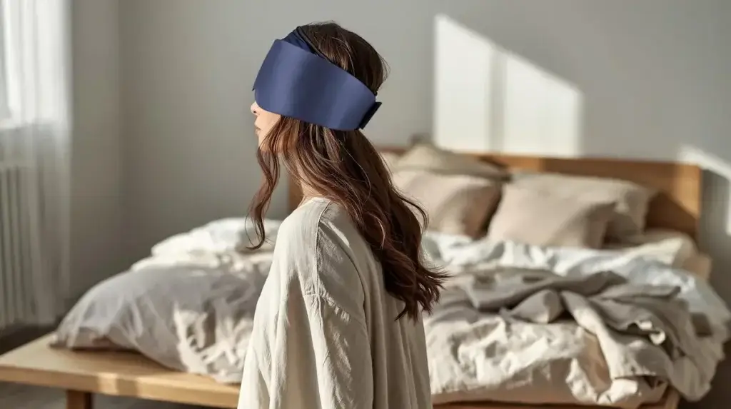 femme assise dans une chambre lumineuse portant le masque de sommeil Olesilk bleu nuit entourée d’un lit en tissu beige et de lumière naturelle