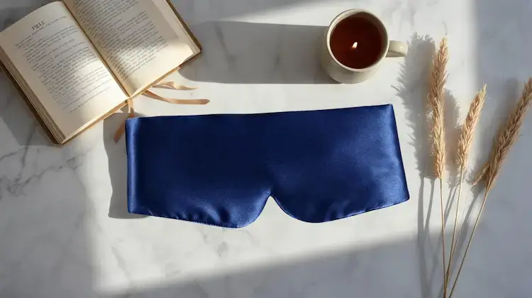 Masque de sommeil Olesilk en soie bleu marine – Flat lay lifestyle avec livre et thé sur marbre