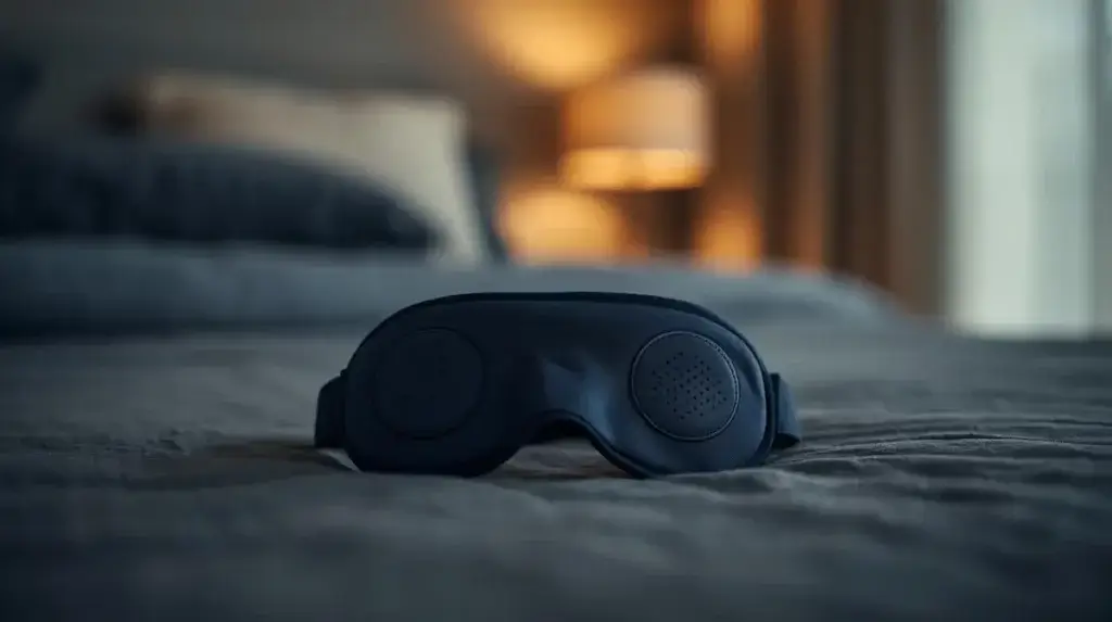 Masque de sommeil connecté posé sur un lit dans une chambre sombre