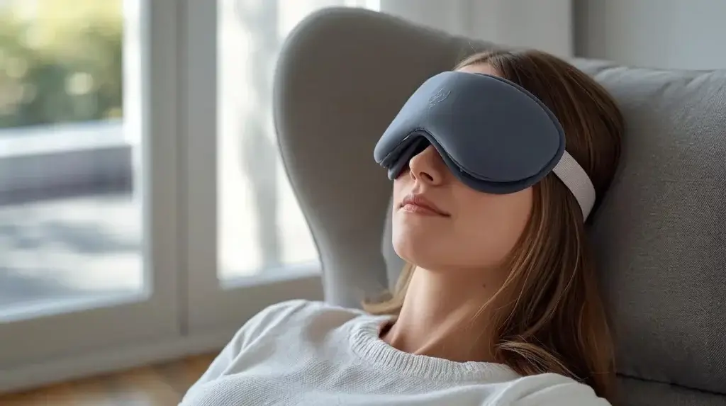 Masque yeux relaxant épais et structuré utilisé en pause détente pour soulager la fatigue oculaire et favoriser la relaxation