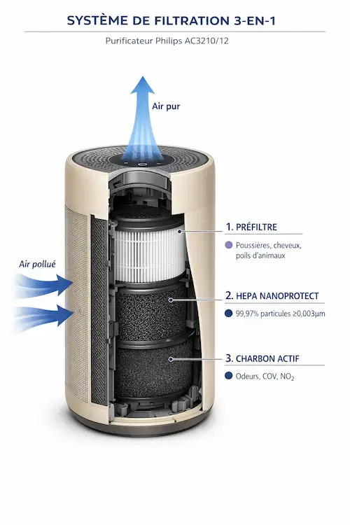 Schéma en coupe du Philips AC3210 montrant les 3 étapes de filtration : préfiltre pour poussières et poils, filtre HEPA NanoProtect captant 99,97% des particules, et charbon actif contre odeurs et COV