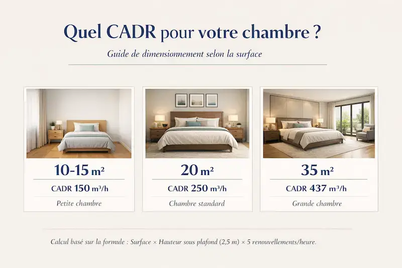 exemples de dimensionnement du CADR selon la surface d’une chambre- tryptique